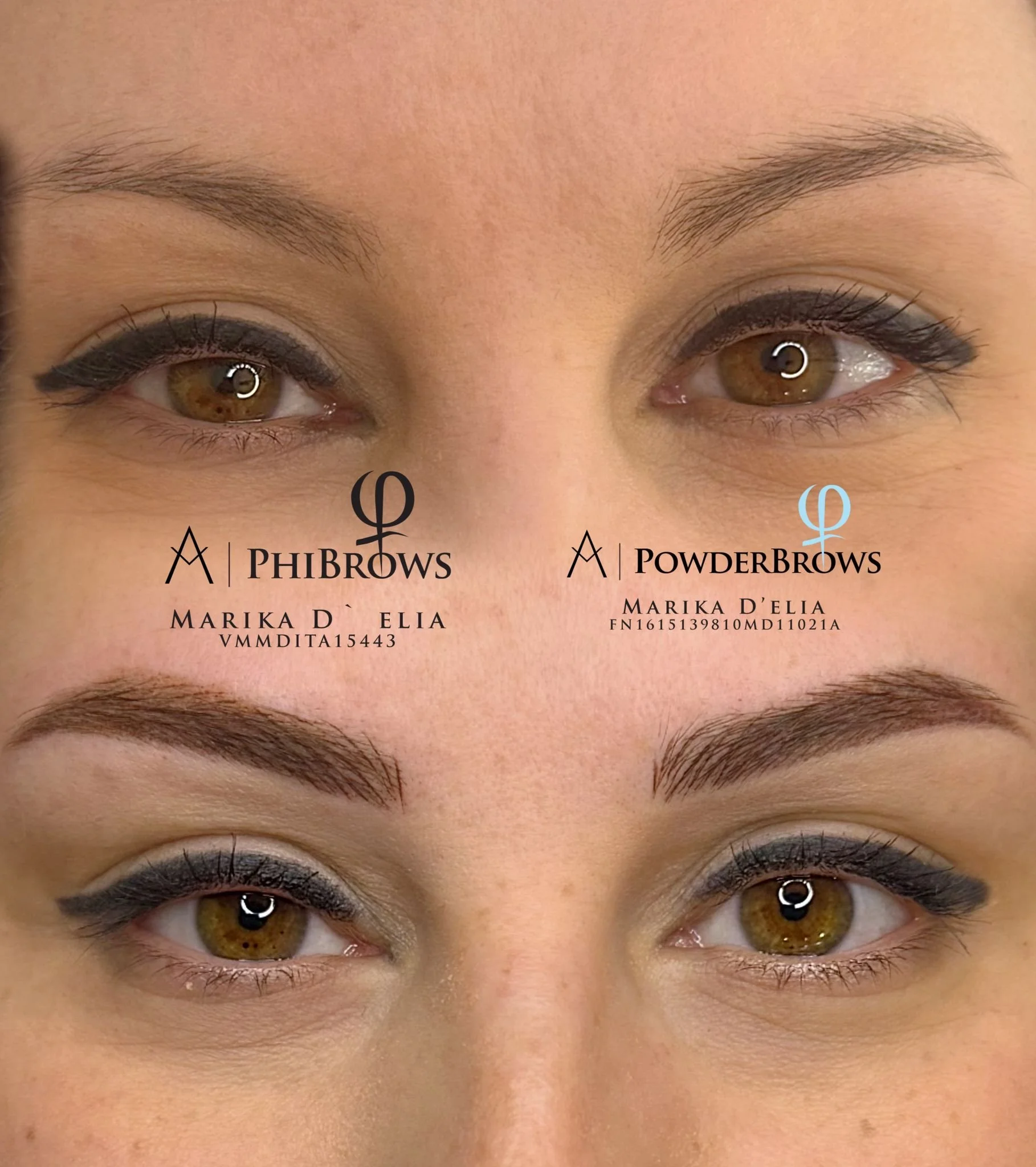 Immagine di due occhi con sopracciglia evidenziate e differenze di trucco tra le due occhi. Scritte indicano prodotti di trucco per le sopracciglia, PhiBrows e PowderBrows, con dettagli sul nome dell'artista Marika D'Elia e i codici di produzione.