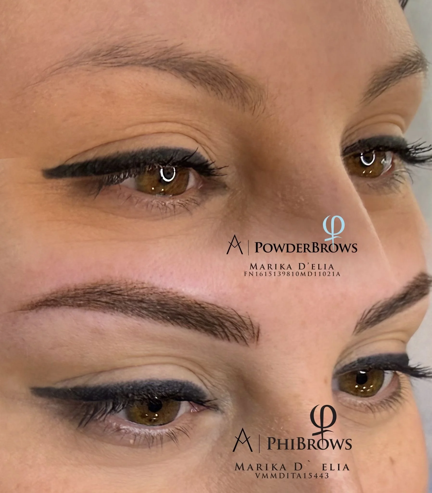 Immagine che mostra il prima e dopo di sopracciglia tatuate o microblading, con dettagli sui prodotti e tecniche utilizzate, inclusi i loghi di PowderBrows e PhiBrows.