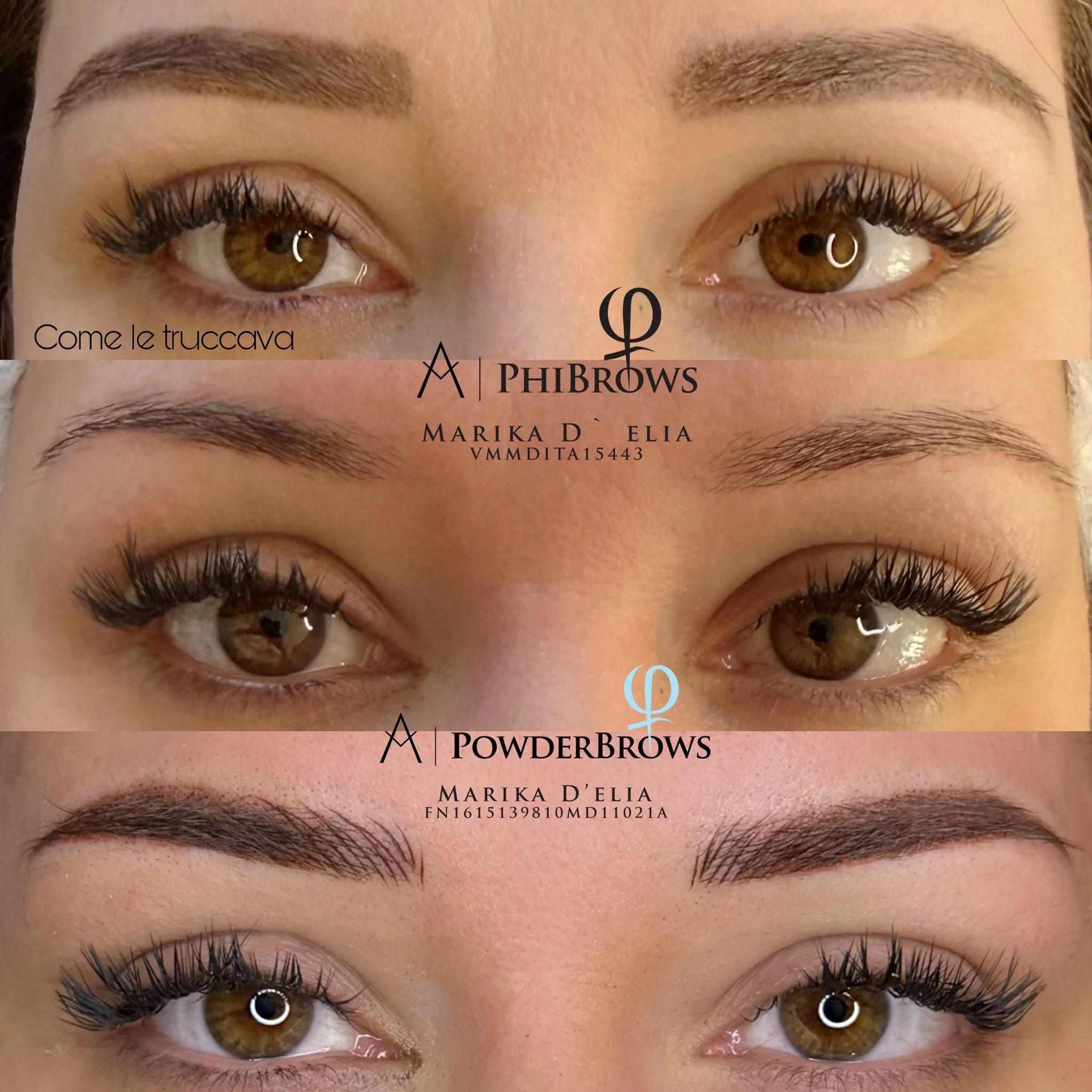 Immagini che mostrano il processo di trucco delle sopracciglia con tre diversi stili: PhiBrows, PowderBrows e Come le truccava. Ogni immagine evidenzia le differenze nel disegno e riempimento delle sopracciglia.