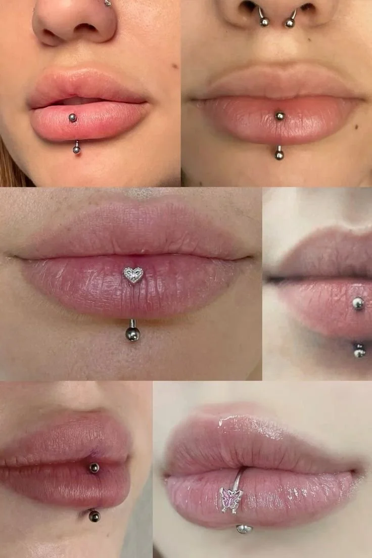 Collage di dieci close-up di labbra con vari piercing, tra cui perni e anelli in diverse posizioni, alcuni con gioielli decorati.