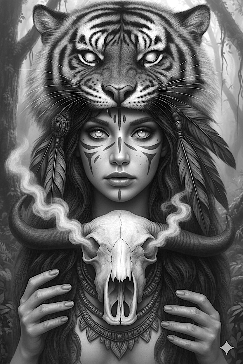 donna indiana con capo di tigre in testa e in mano craneo di un toro