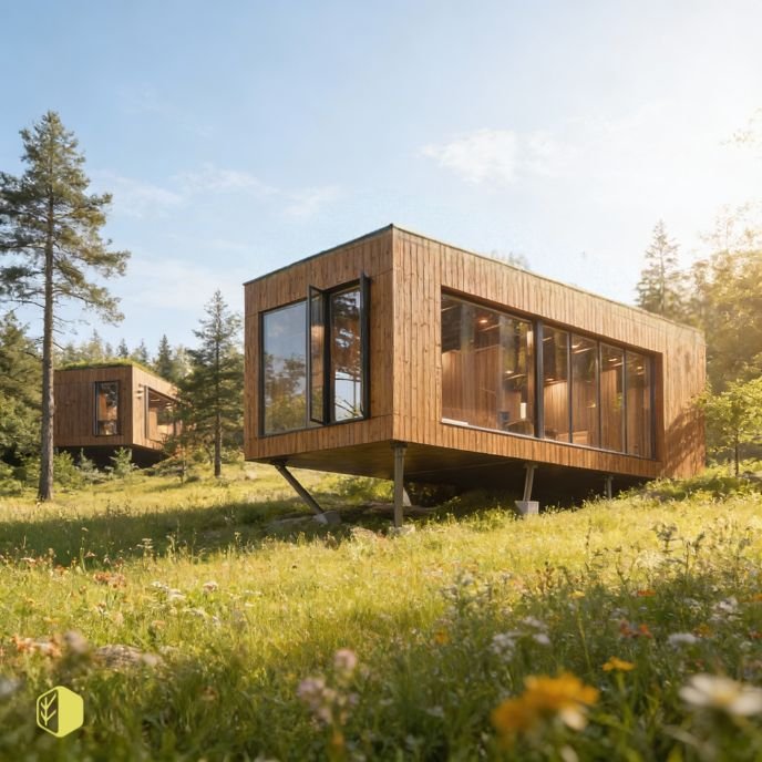 Wooden modern house on stilts situated in a grassy, forested area with trees and a clear sky.