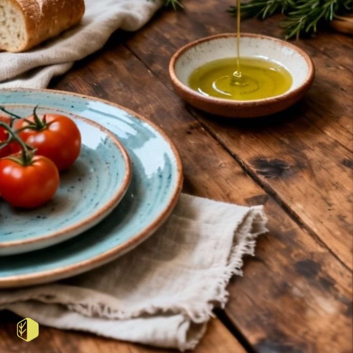 Three tomatoes on a ceramic plate, a bowl of olive oil with a drizzle, all on a rustic wooden table with cloth napkin and greenery in the background.