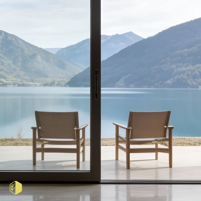 View of two wooden chairs on a balcony with a lake and mountains in the background, seen through a sliding glass door.