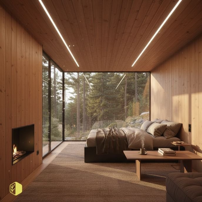 Modern living room with large floor-to-ceiling windows showing a view of trees outside, featuring a wooden interior, a bed with pillows, a coffee table with books and a cup, and a wall-mounted fireplace.