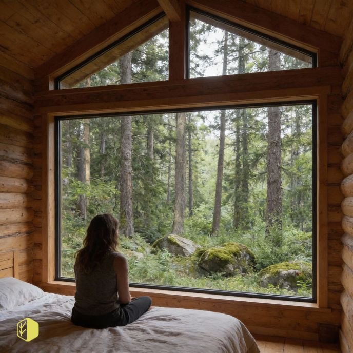 A woman sits on a bed in a wooden cabin, gazing out a large window at a forest with tall trees and moss-covered rocks.