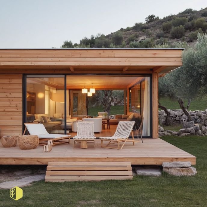 Modern wooden house with large glass sliding doors, outdoor wooden deck with wicker and wooden chairs, overlooking a grassy landscape with trees and rocks.