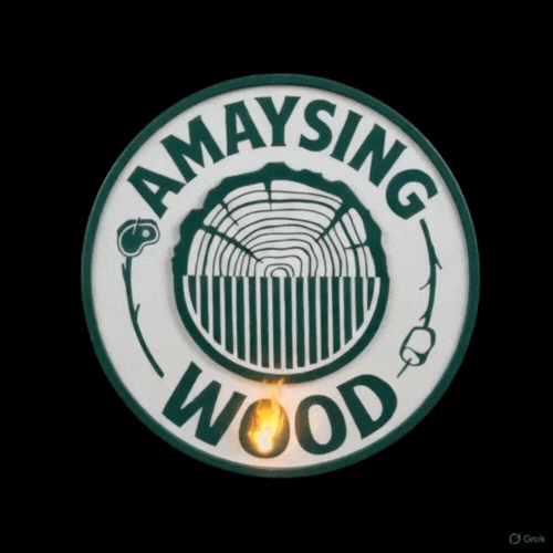 A circular logo for 'AMAYSING WOOD' featuring a stylized wood log cross-section and fishing rods as part of the design.
