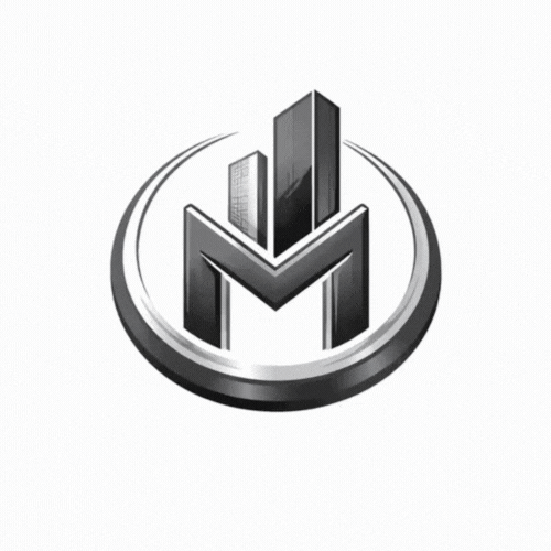 A 3D logo featuring a stylized letter 'M' with tall skyscraper buildings behind it, enclosed in a circular border.
