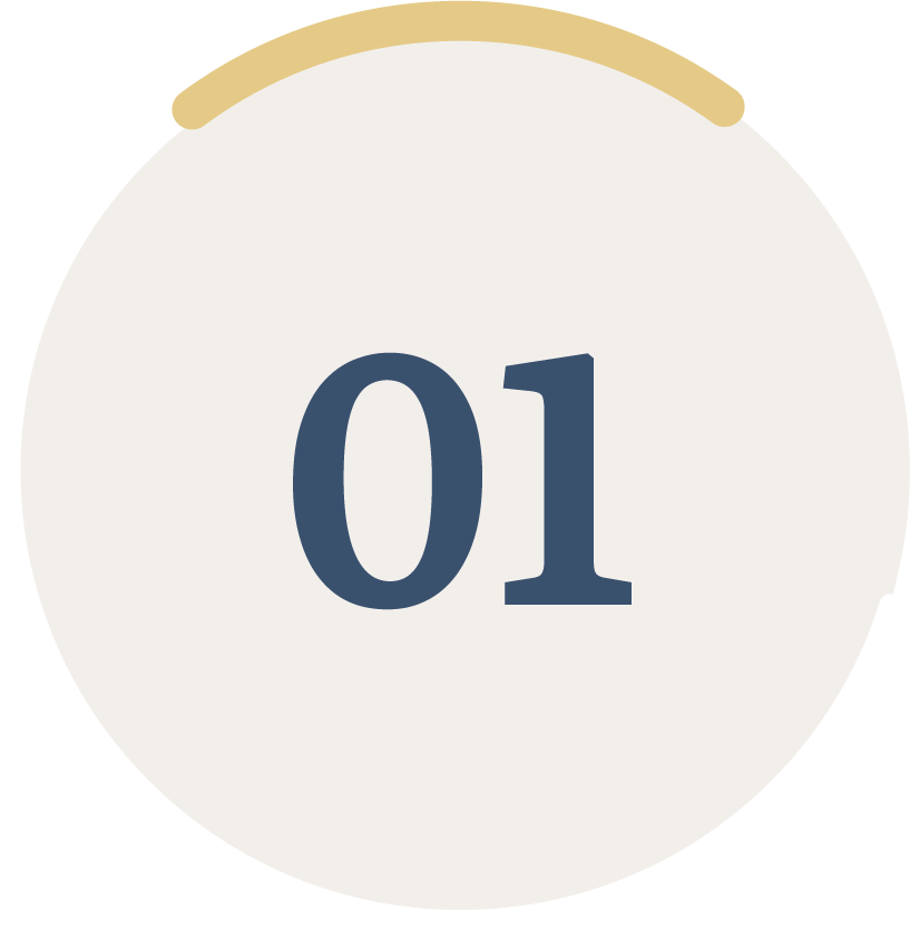 Number 01 inside a white circular badge with a gold accent at the top