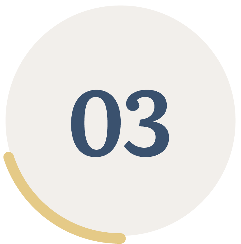 Number 03 inside a white circular badge with a gold accent at the bottom