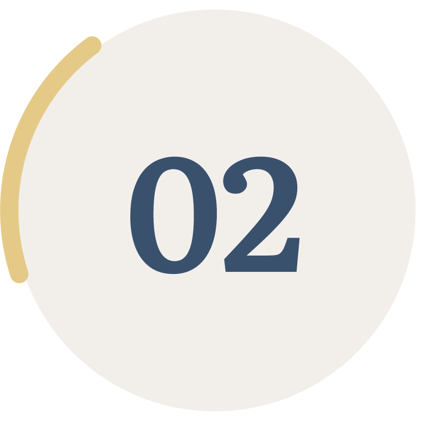 Number 02 inside a white circular badge with a gold accent at the side