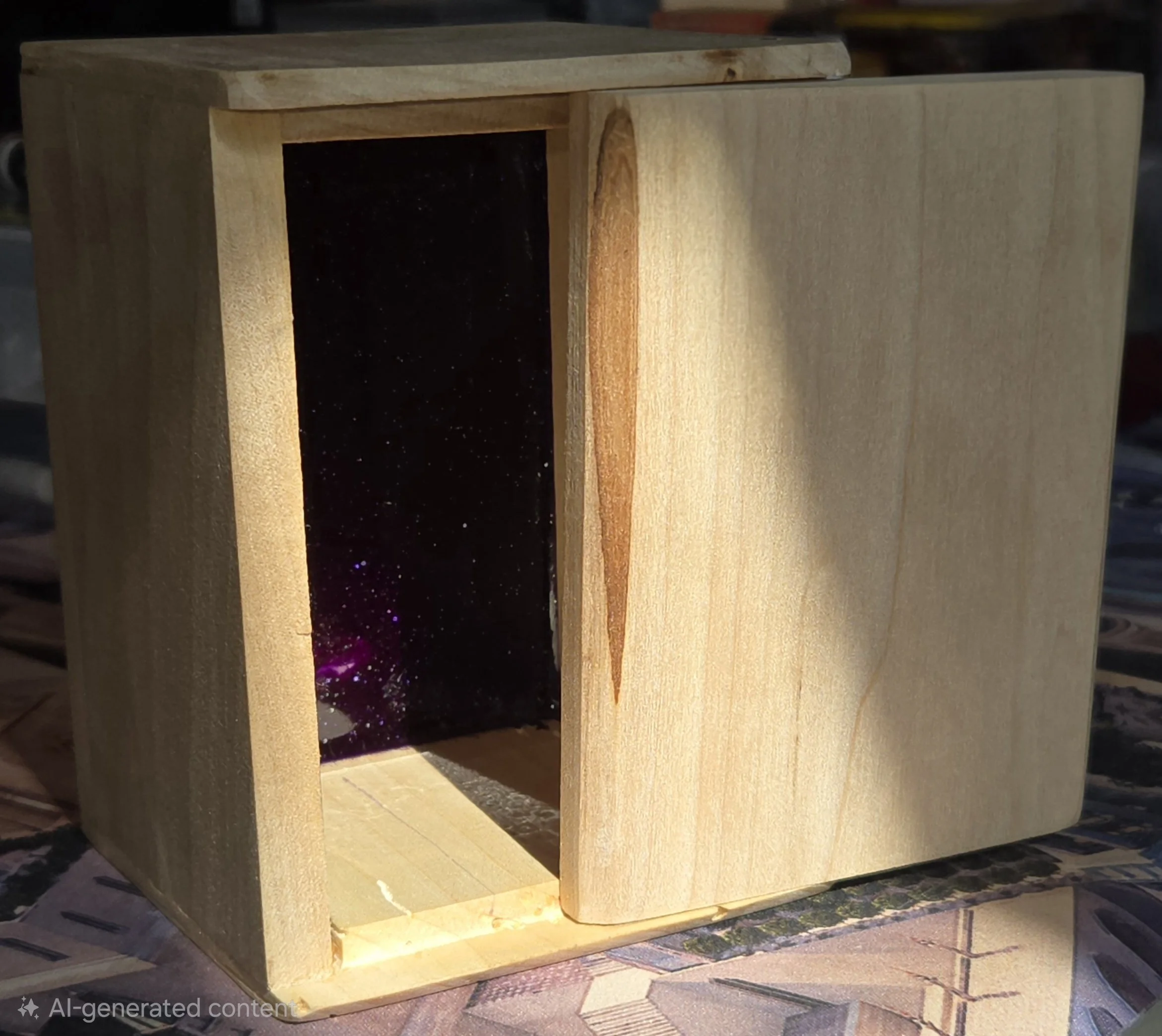 A small wooden box with an open front, revealing a dark, starry galaxy scene painted or printed on the interior back wall.