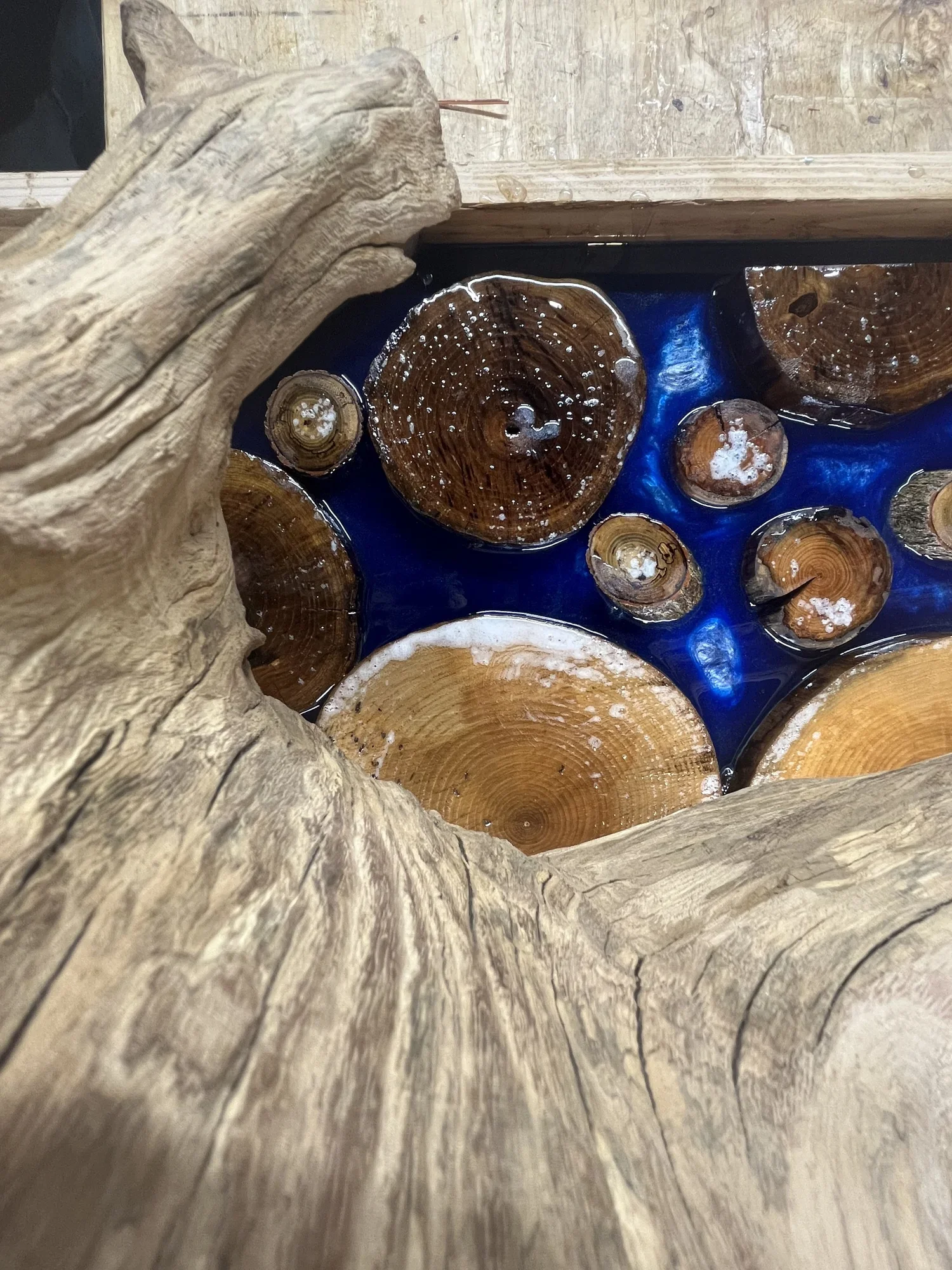 Close-up of a wooden structure surrounding water with cut logs inside, some logs have white spots on them.