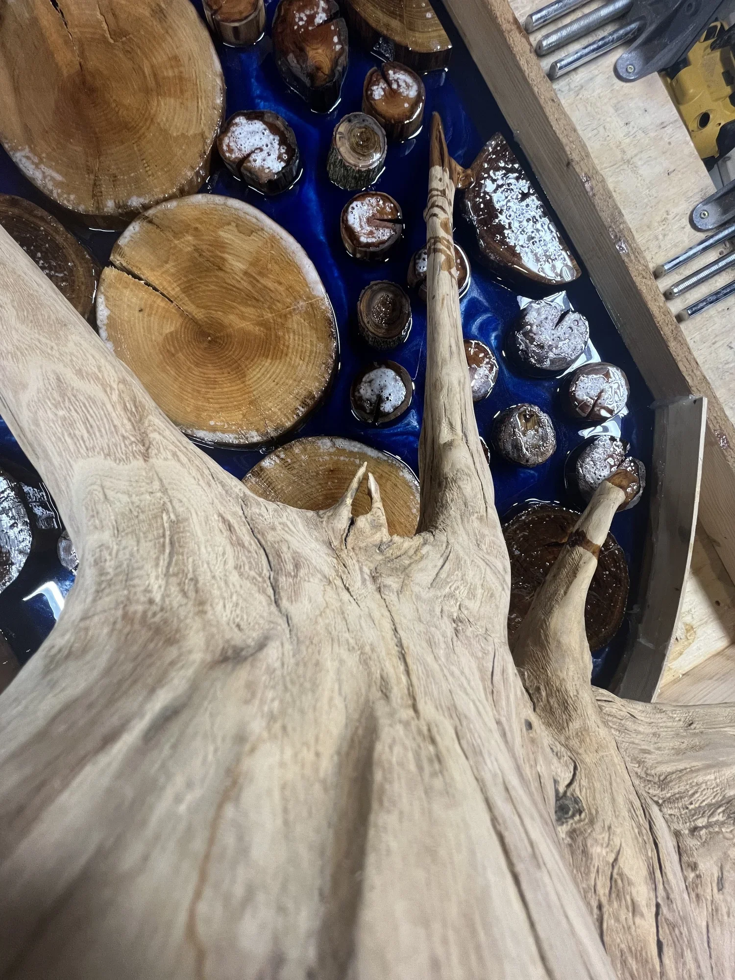 A woodworking scene with a thick, twisted wooden branch, logs, and wood slices on a work table covered with blue plastic, surrounded by tools and machinery.