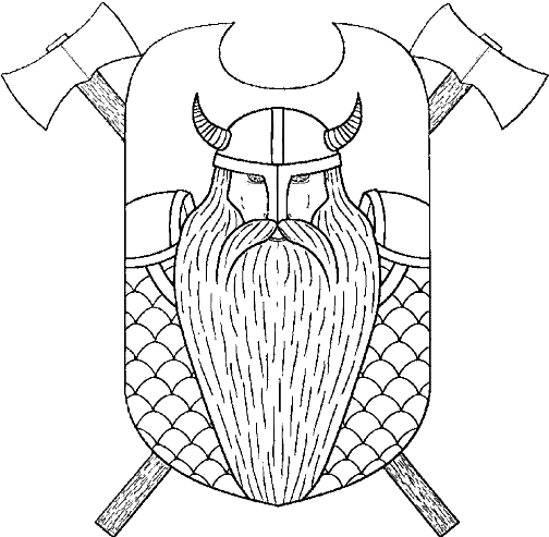 A Viking-style helmet with horns, a long beard, and scale armor on the chest, on a shield. Two axes crossed behind the figure.