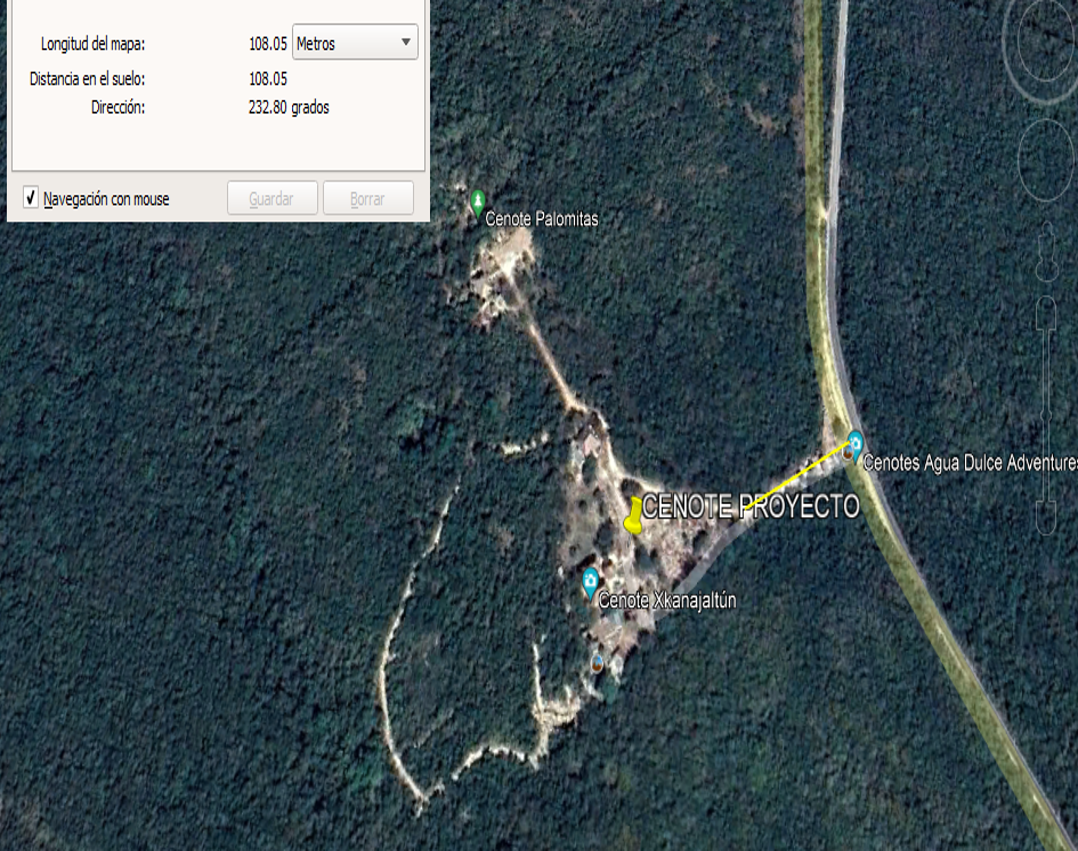 Vista satelital de un lugar rodeado de bosque, con caminos y puntos de interés marcados, incluyendo un cenote llamado Cenote Palomitas, un cenote llamado Xkanajaltún, y un área llamada Cenote Proyecto.