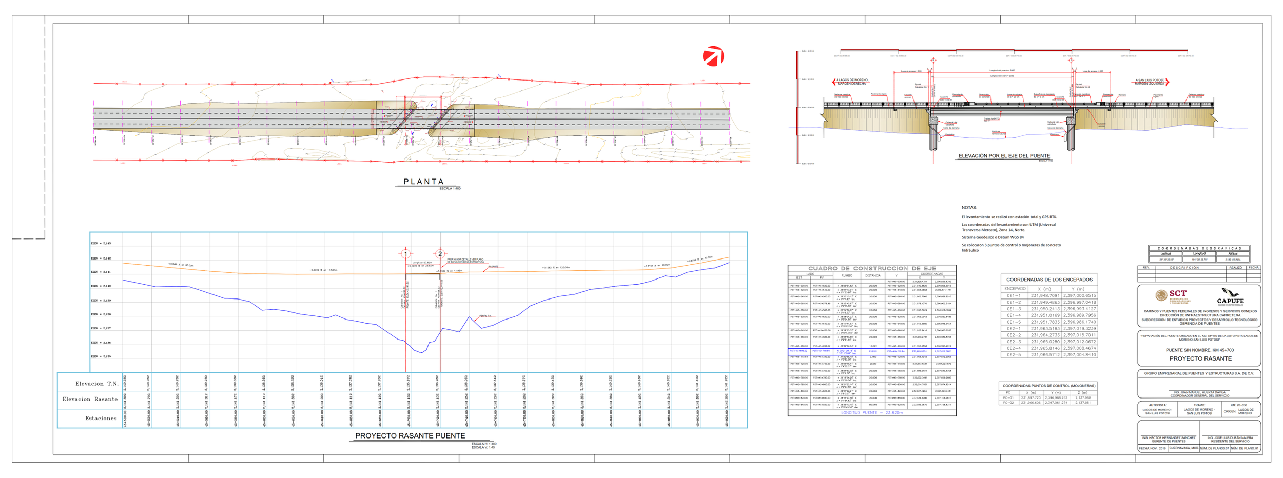 Plano técnico de un puente en un proyecto llamado Puente Rasante. Incluye vistas en planta, elevación y un cuadro de construcción de ejes, además de notas y tablas con coordenadas y datos del proyecto.