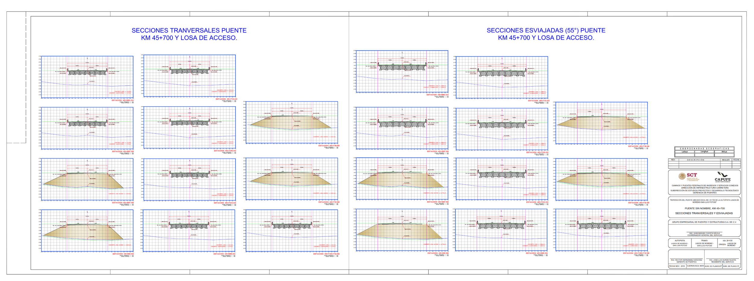 Plano técnico de una estructura de puente con secciones transversales y escoradas, incluyendo detalles de acceso y especificaciones técnicas.