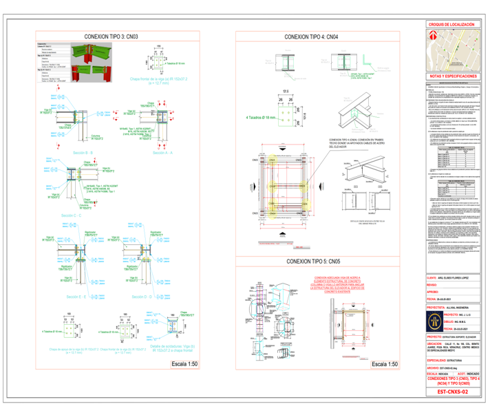 Plantas y planos técnicos de conexiones estructurales con detalles en varias vistas, dimensiones y notas, en una hoja de ingeniería de construcción.