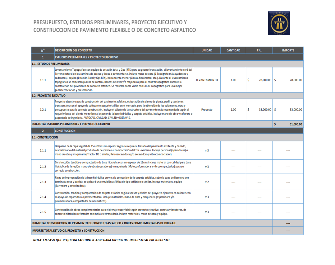Presupuesto para estudios preliminares y proyecto ejecutivo de construcción de pavimento flexible o de concreto asfáltico, con detalles de conceptos, unidades, cantidades, precios y montos, en una hoja de cálculo.