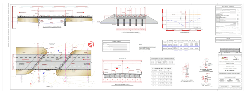 Plano técnico detallado de una estructura de pavimento con diferentes vistas, secciones y especificaciones