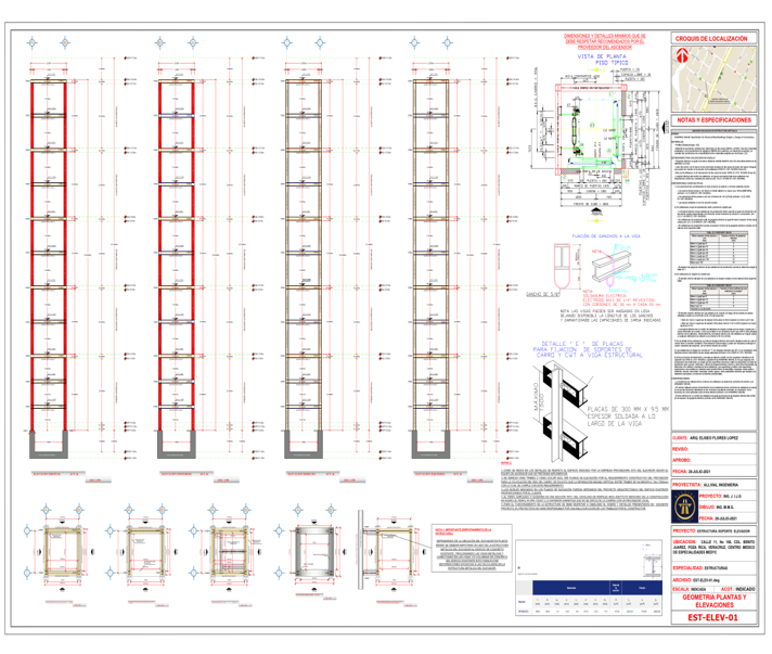Plano arquitectónico detallado de una estructura de columnas de concreto con especificaciones, notas técnicas, ubicación y dimensiones, incluyendo diagramas de localización y elevaciones.