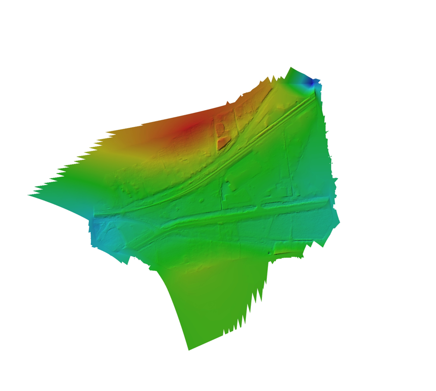 Modelo digital de elevación en 3D de una ciudad con diferentes colores que representan diferentes altitudes.