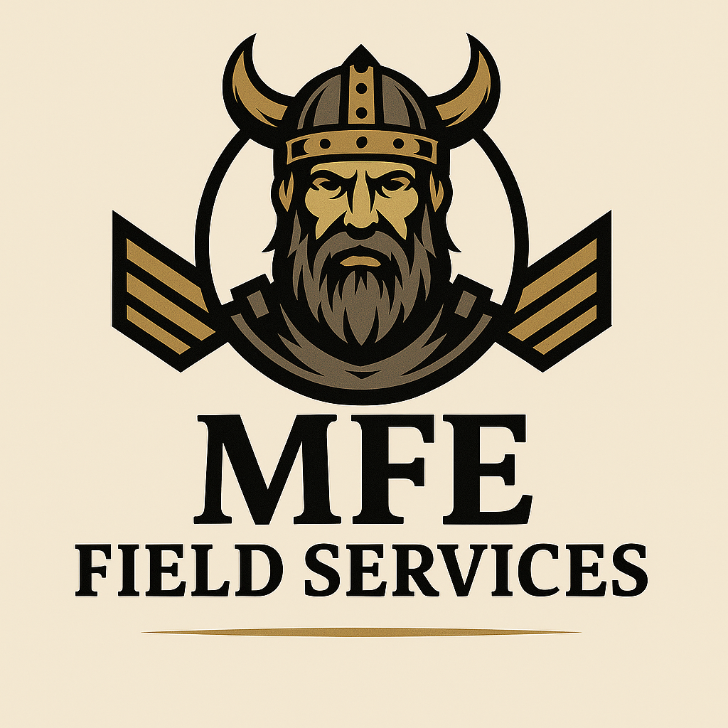 Logo for MFE Field Services featuring a Viking warrior with a horned helmet and a beard, with the company name below.
