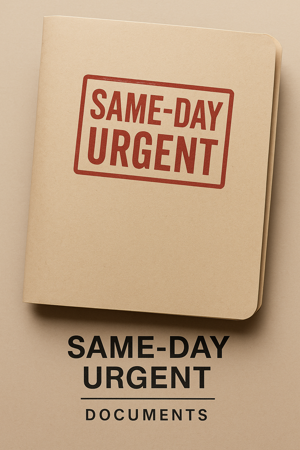 A beige folder with a red stamp that reads 'SAME-DAY URGENT' resting on a larger paperwork or folder that also displays 'SAME-DAY URGENT DOCUMENTS' printed in bold black letters.