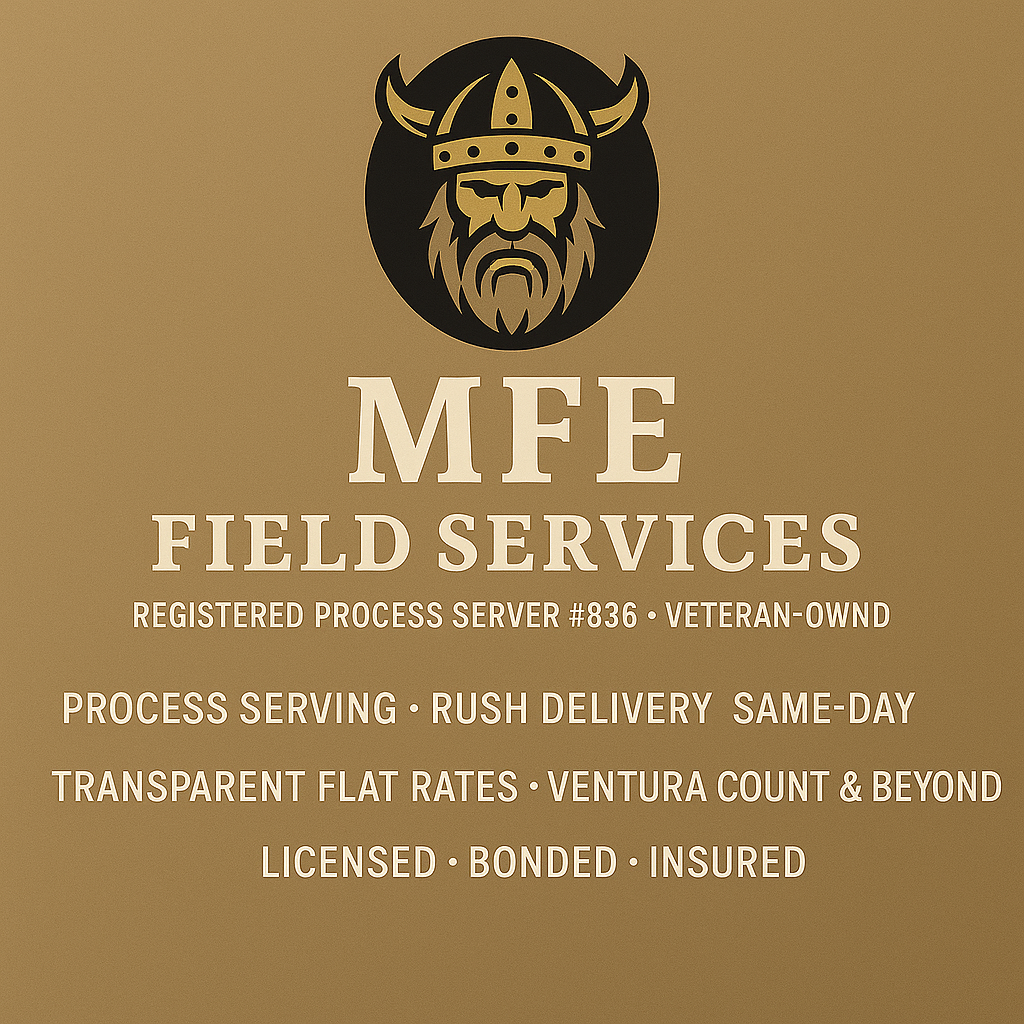 Business card for MFE Field Services with a logo of a Viking's face and helmet, offering process serving, rush delivery, same-day service, and transparent flat rates in Ventura County.