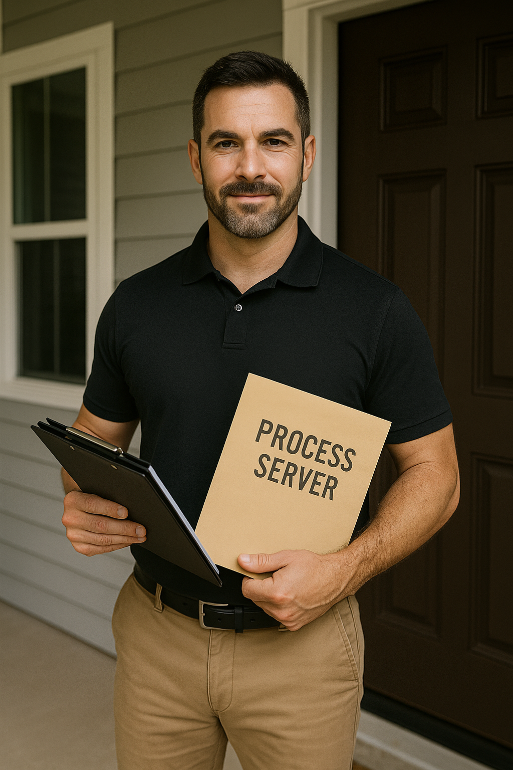 A man standing outside a house holding a clipboard and a folder labeled 'Process Server'.