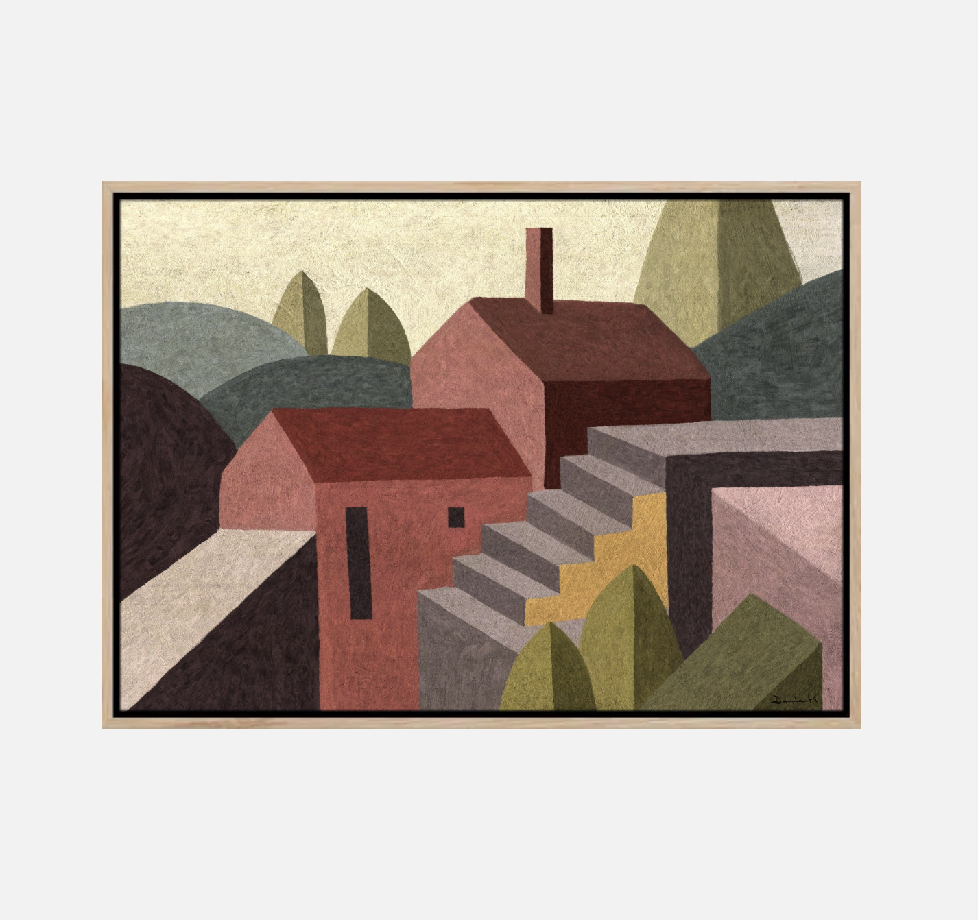 A geometric landscape painting of houses with red roofs, stairs, and trees in muted earth tones.