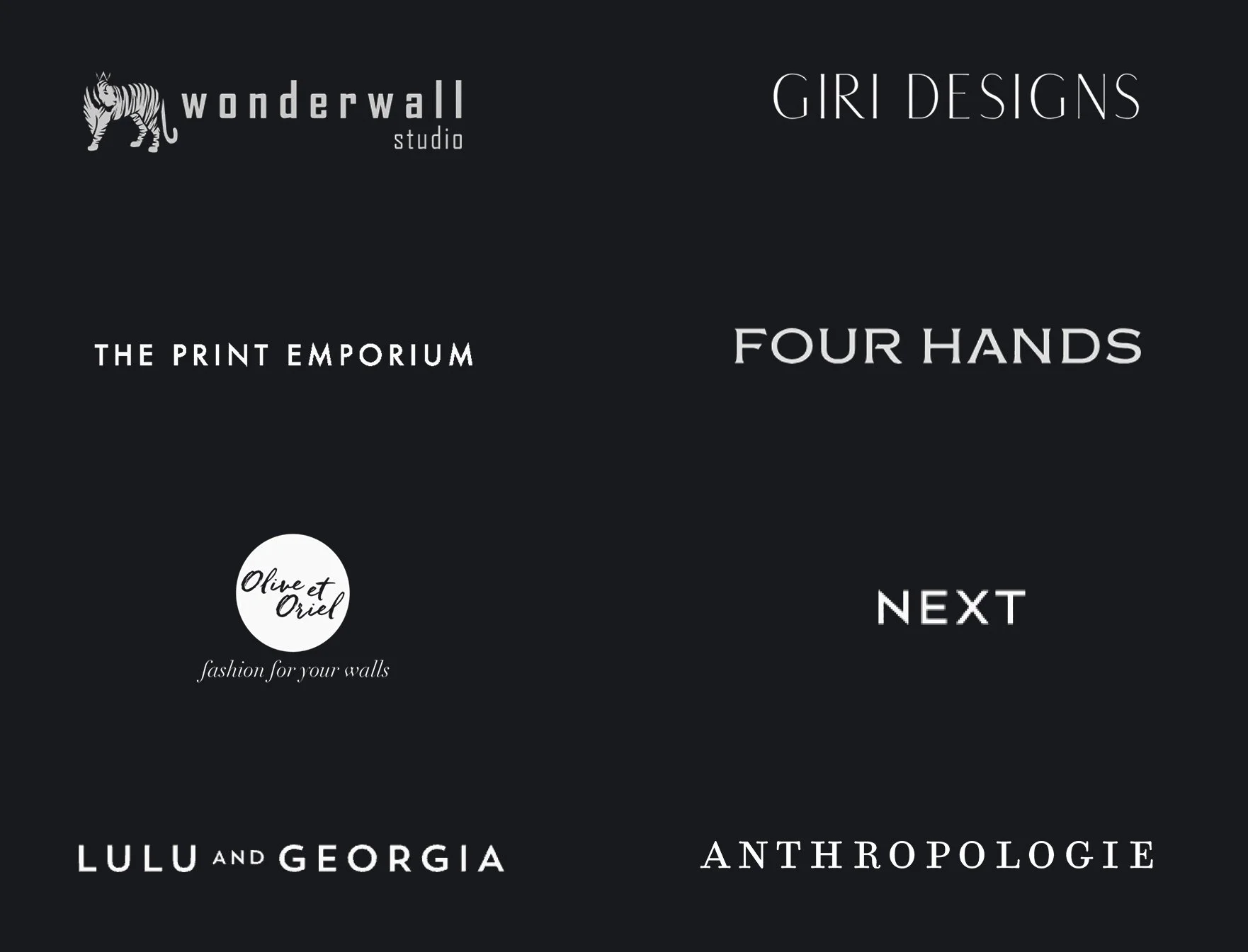 Black background with white text, advertising Wonderwall Studio and Giri Designs, featuring various brands and collections such as The Print Emporium, Four Hands, Olive et Oriel, Lulu and Georgia, and Anthropologie.