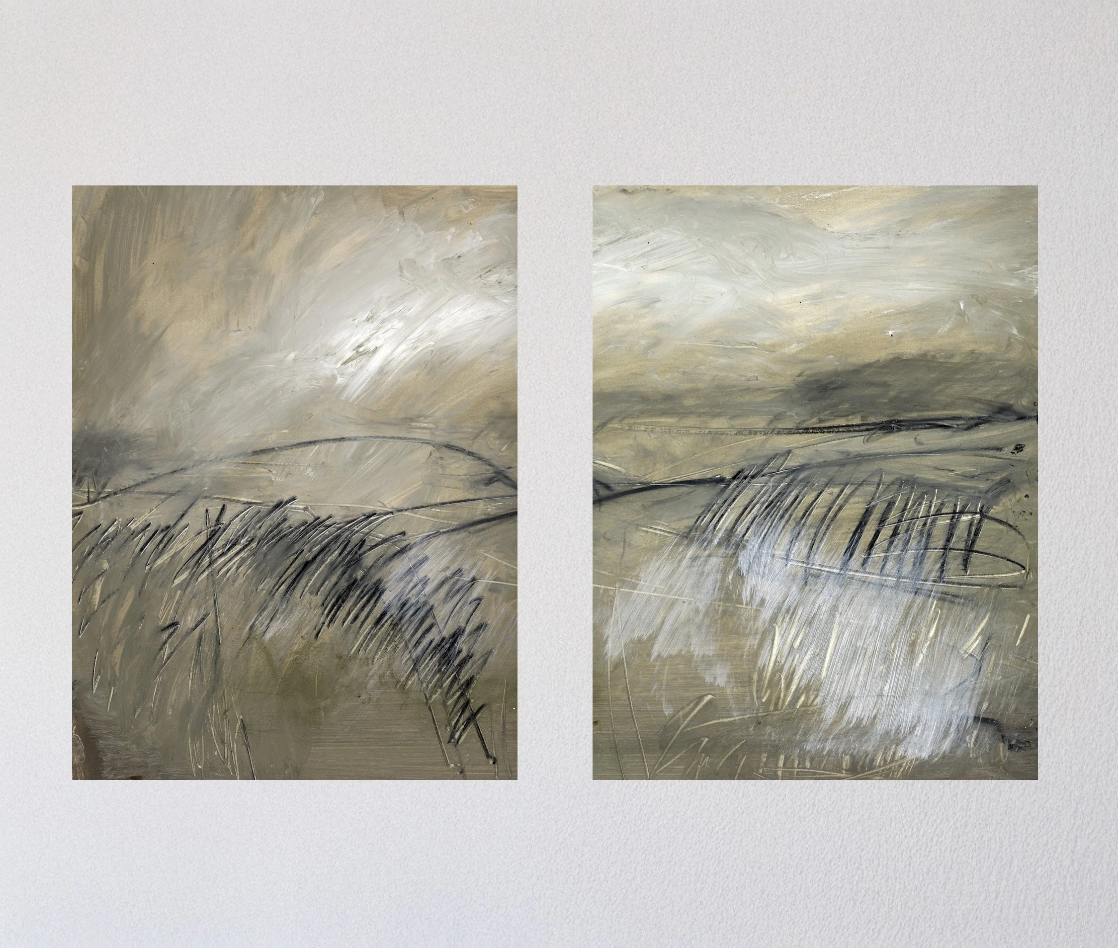 Two abstract landscape paintings featuring rolling hills and cloudy skies with a neutral color palette of beige, white, and black brushstrokes.
