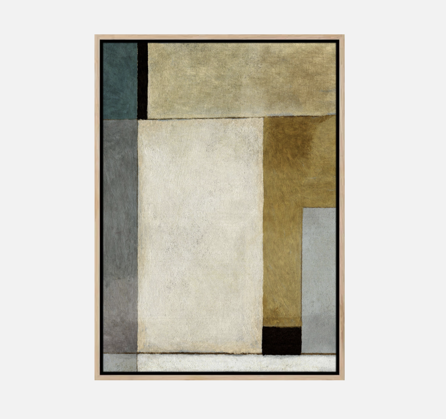 Abstract geometric painting with blocks of beige, brown, gray, black, and teal colors framed in light wood.