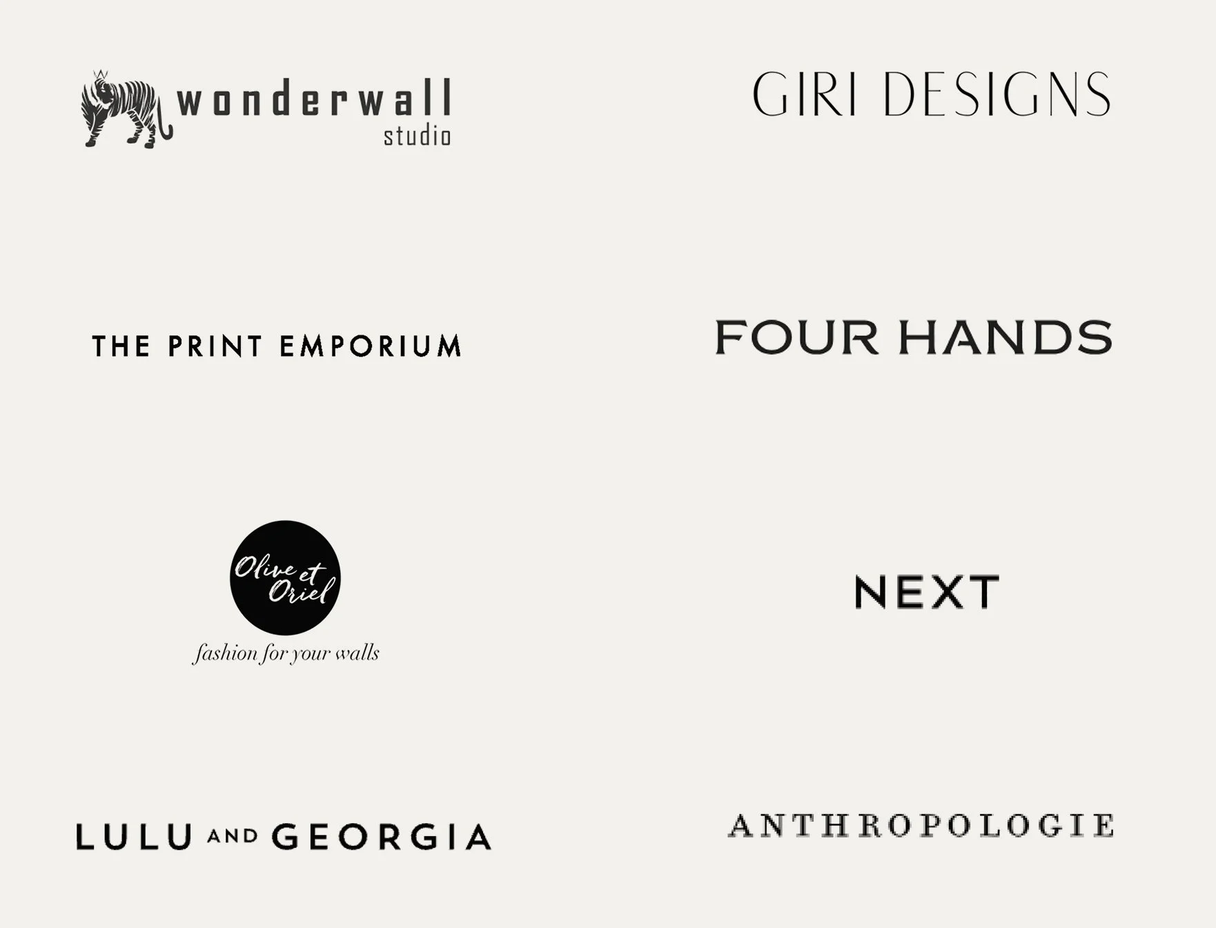 A website homepage showing the Wonderwall Studio logo with a zebra image, various clothing brand names such as Girl Designs, Four Hands, Olive et Oriel, Lulu and Georgia, and Anthropologie, along with text 'The Print Emporium' and a 'Next' button.