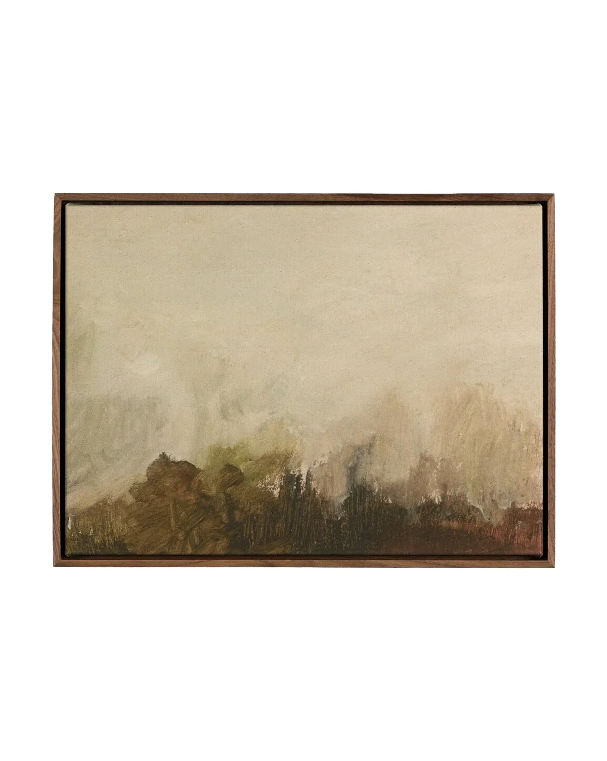 Abstract painting with earthy tones in a wooden frame.