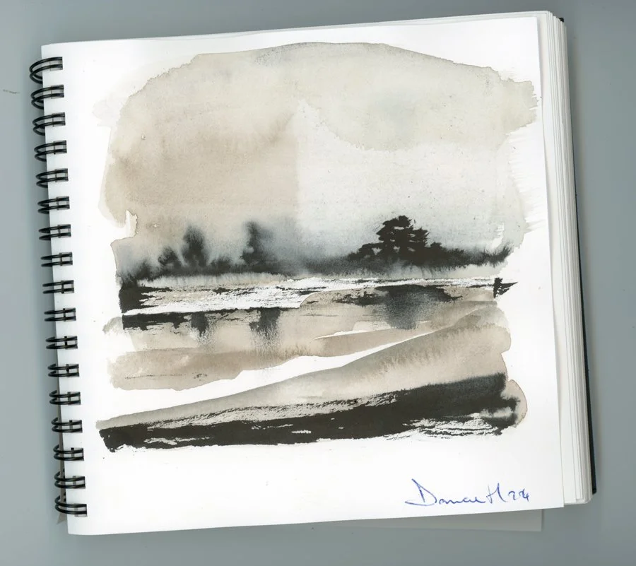 A black and white watercolor painting of a landscape with trees, water, and sky, signed by the artist in the bottom right corner.