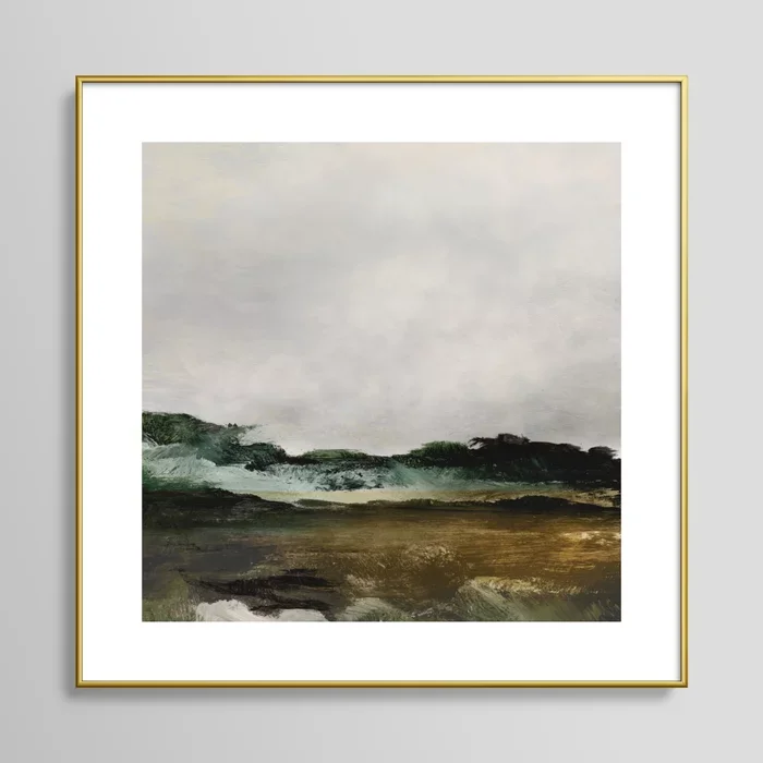 Abstract landscape painting with gray sky, green trees, and brown ground in a gold frame