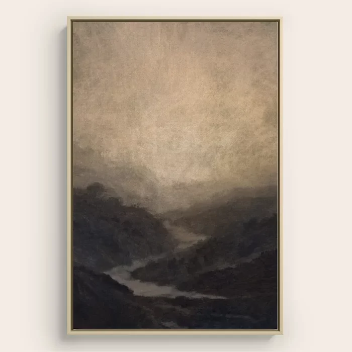A landscape painting of a river flowing through valleys with mountains in the background, in monochrome tones.