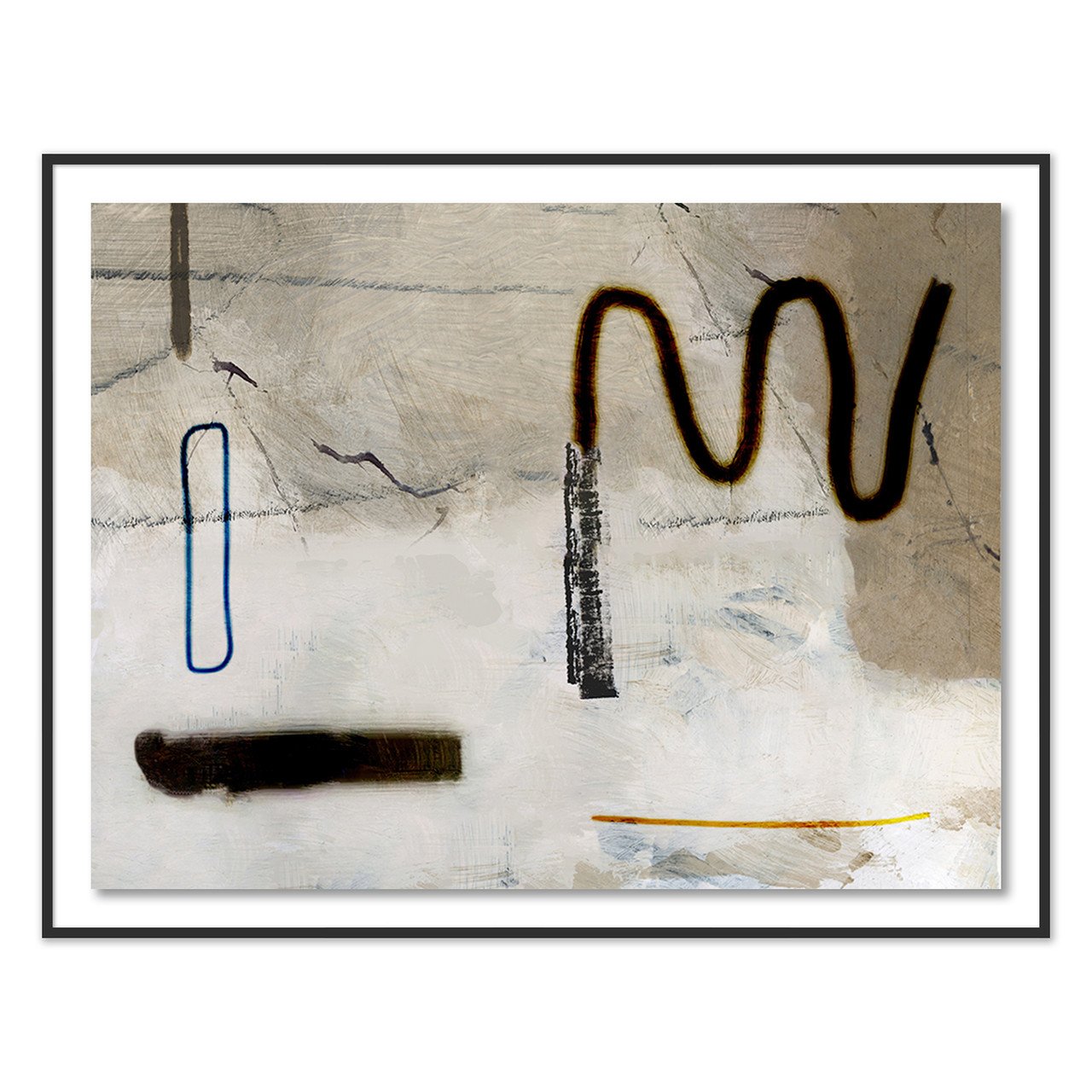 Abstract artwork with black, blue, brown, and yellow lines on a textured beige background.