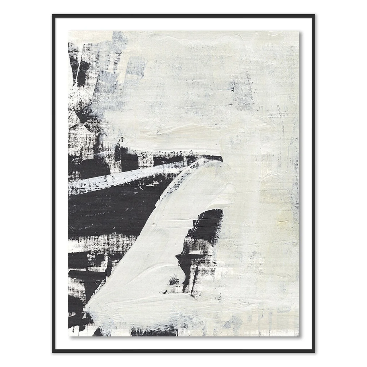 Abstract black and white painting of a bridge with textured brushstrokes, framed in black.