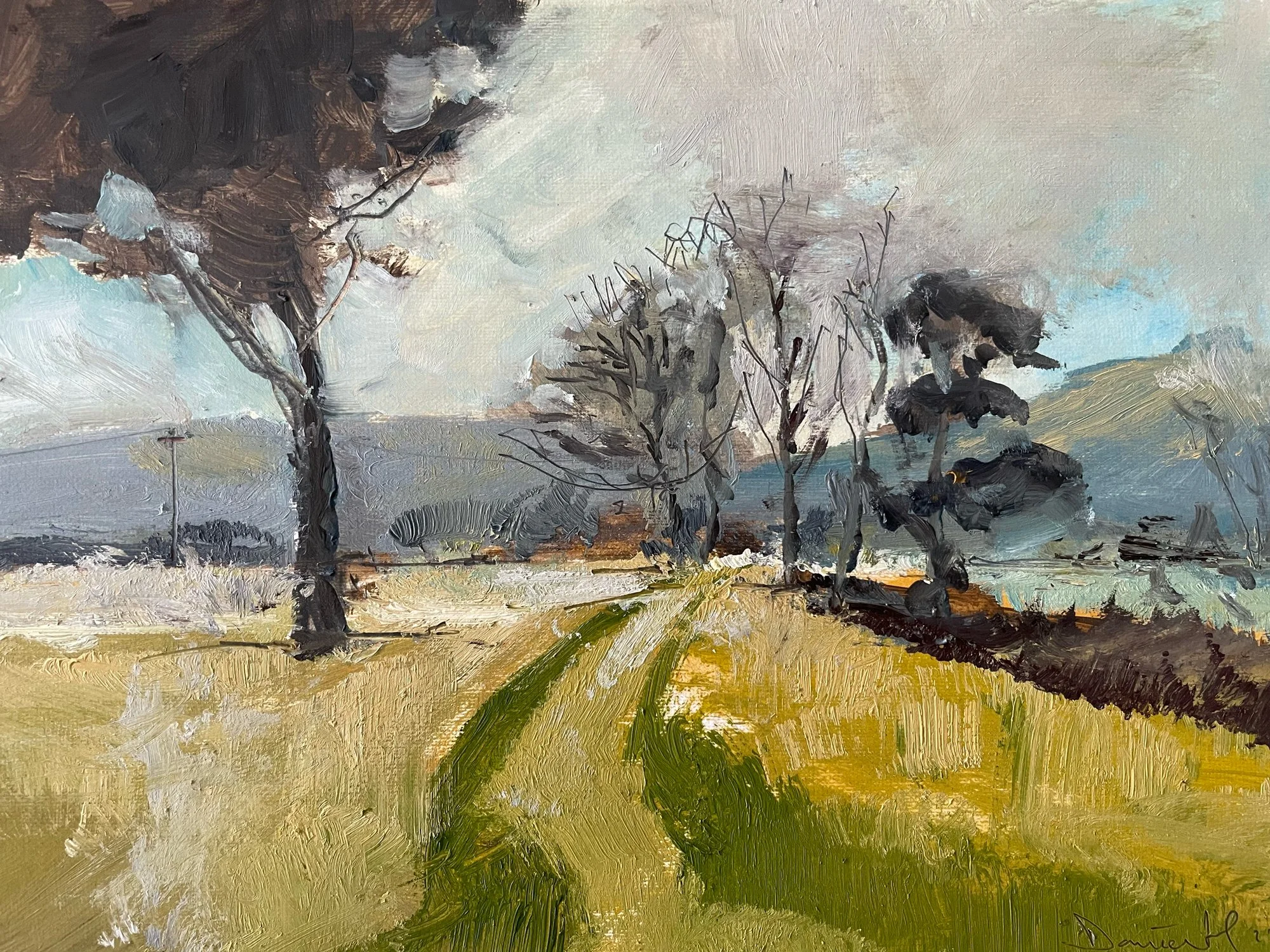 An oil painting of a rural landscape with a dirt path, trees, power pole, and cloudy sky.