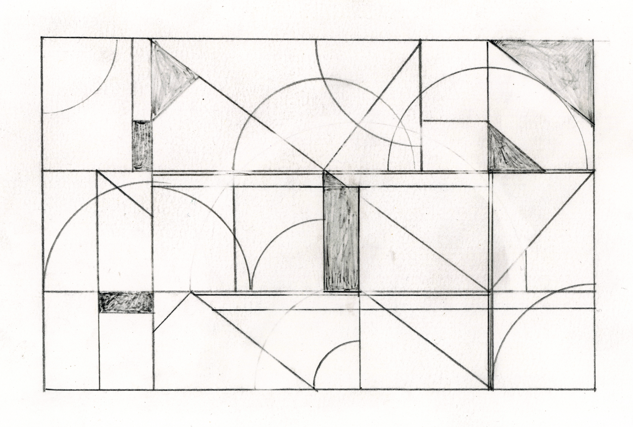 Hand-drawn geometric design with rectangles, triangles, circles, and lines, some shaded or filled in