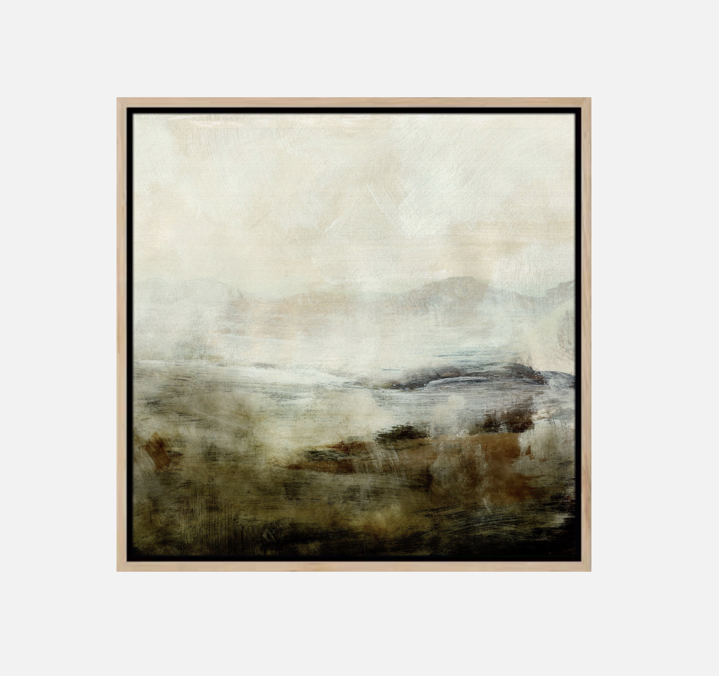 Abstract landscape painting with muted earthy tones, depicting a foggy scene with hills and water.