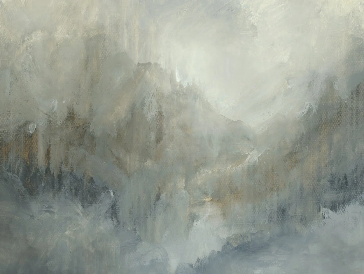 Abstract painting with muted gray, beige, and green tones, depicting mountains and a misty landscape.