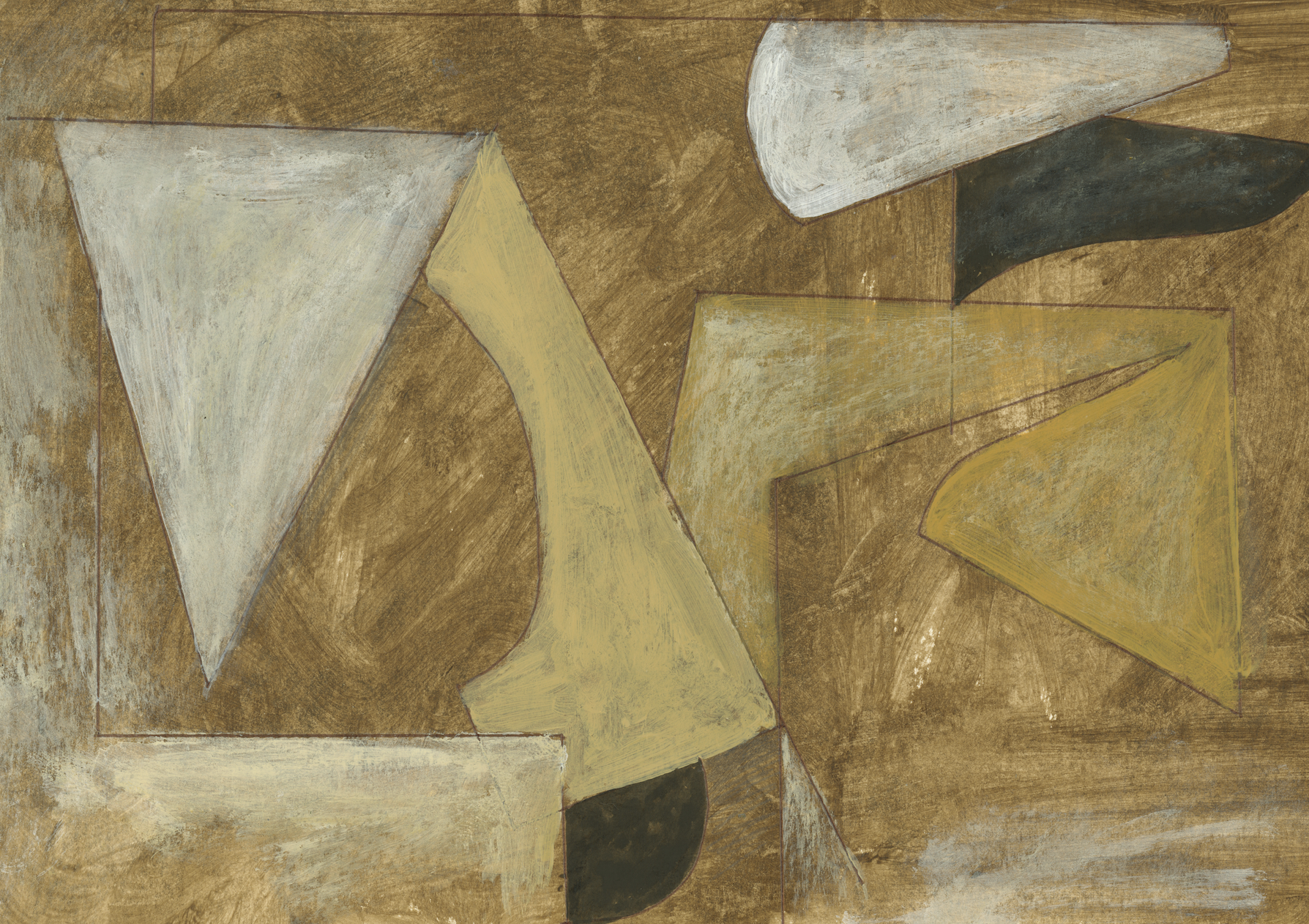 Abstract painting of geometric shapes, including triangles and curved forms, in shades of brown, beige, white, black, and gray.