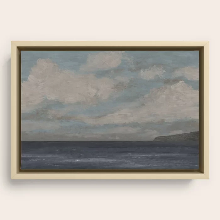 Painting of a seascape with cloudy sky and distant landmass.