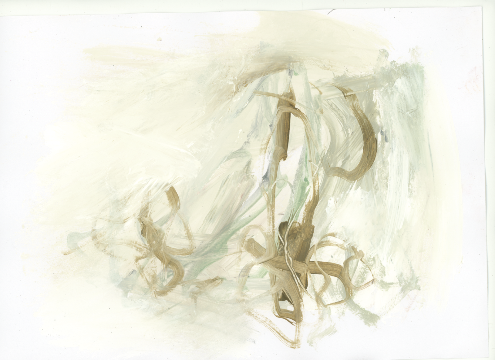 Abstract painting with light green, beige, and brown swirling brushstrokes.